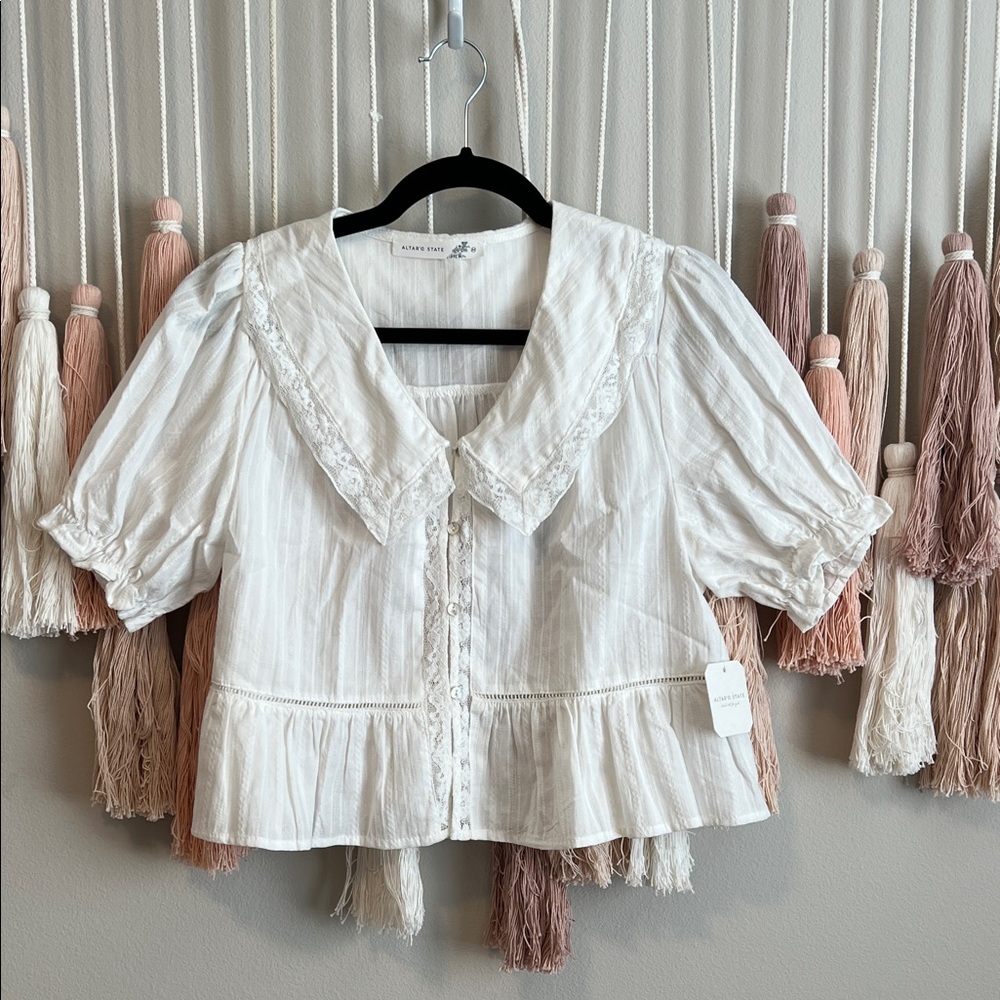 Altar'd State White Cotton Lace-Trim Peplum Blouse